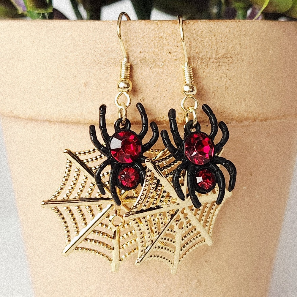 Gold Tone Spider Web Black Widow Red Rhinestone Halloween Dangle Earrings 1.75"